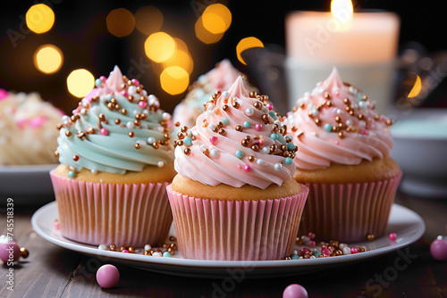 A charming disposable cupcake with pastel frosting and sprinkles on a festive table