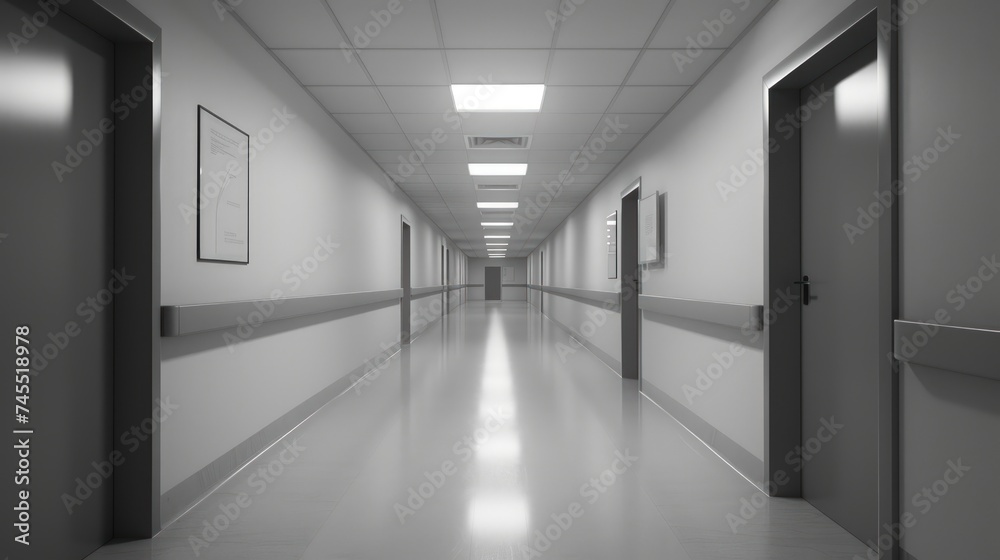 Tranquil hospital hallway featuring empty rooms in the serene backdro