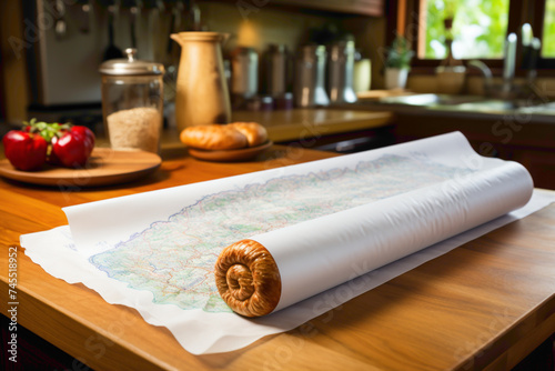 A roll of practical disposable kitchen parchment paper on a baking counter