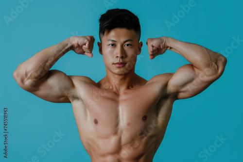 young fitness Asian athletic sport man doing sport, showing strength gesture with arms, blue background