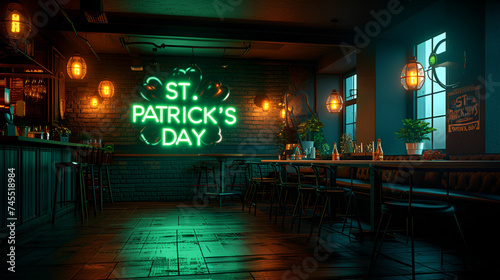 Interior of bar - “ST. PATRICK’s DAY” neon sign - green - four leaf clover - Irish - design and decor