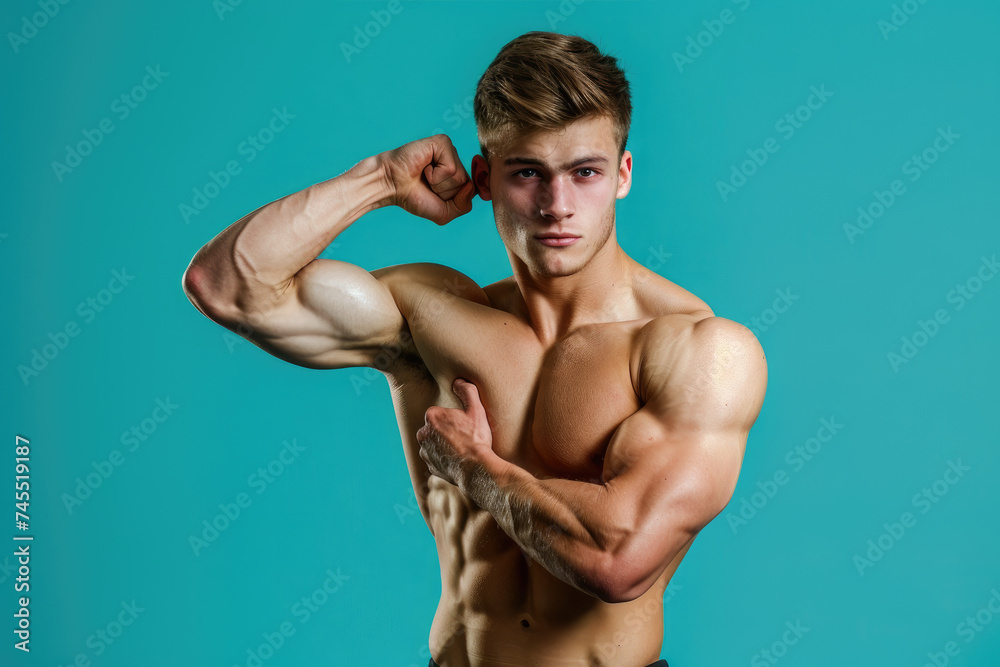 young fitness athletic sport man doing sport, showing strength gesture with arms, blue background