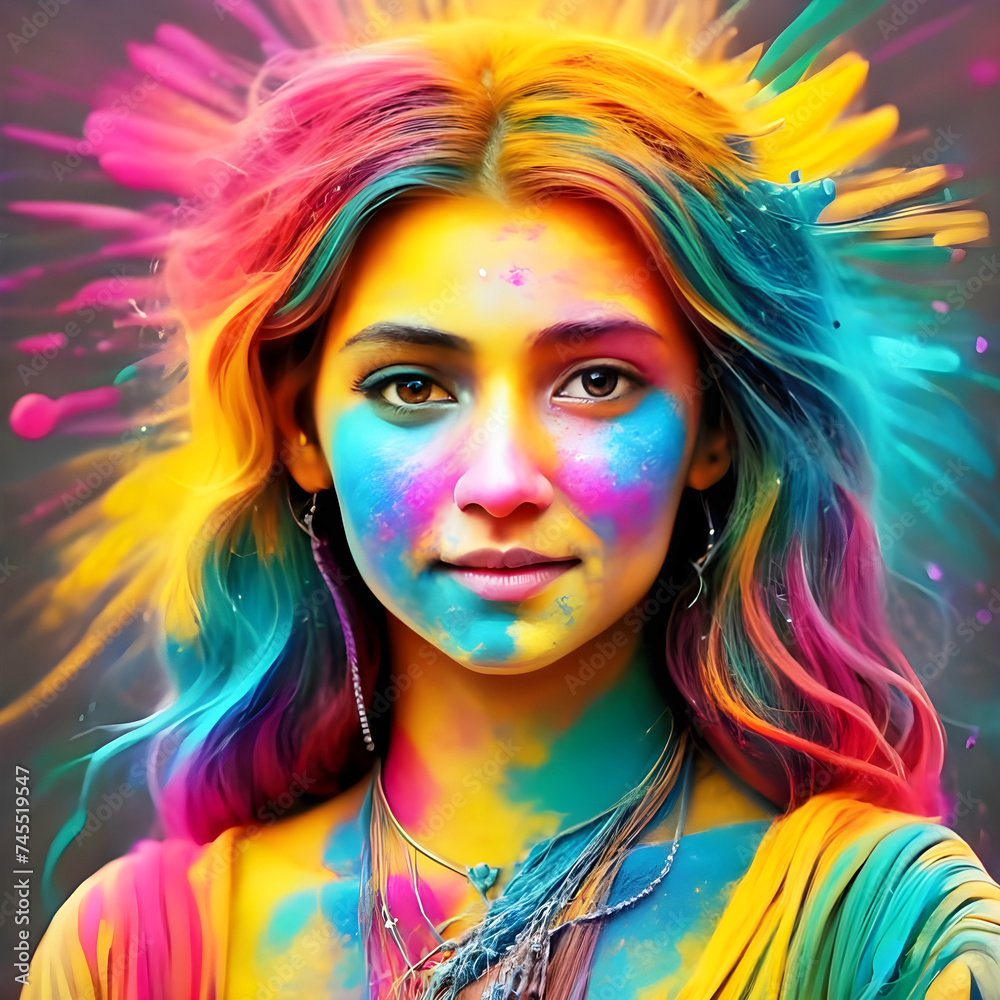 Free Photo Beautiful woman playing Holi, surrounded by vibrant colors. Generative Ai 