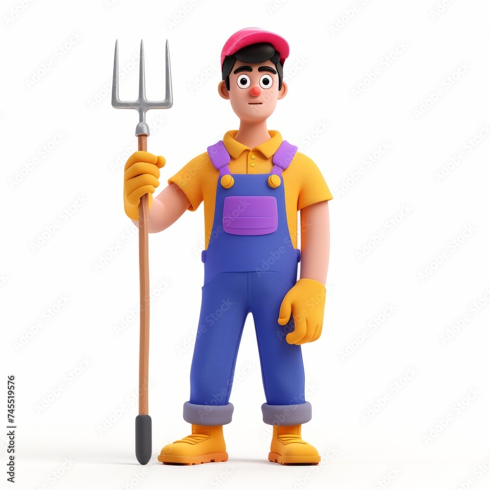 Clay animation character wearing a farmer's overalls and holding a pitchfork, on an isolated white background, Generative AI Clay animation character wearing a farmer's overalls and holding a pitchfork, on an isolated white background, Generative AI