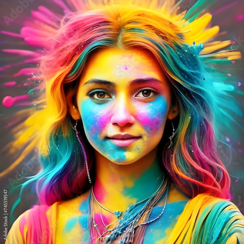 Free Photo Beautiful woman playing Holi, surrounded by vibrant colors. Generative Ai 