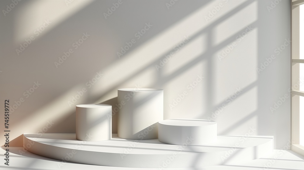 White 3D cylinder pedestal podium set with window shadow background. Minimal wall scene for products stage showcase, promotion display. White 3D cylinder pedestal podium set with window shadow background. Minimal wall scene for products stage showcase, promotion display.
