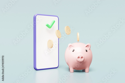 3D rendered illustration of the concept of online transactions using a phone with increased income including saving money and development with a piggy bank with a phone and coins with a check mark.