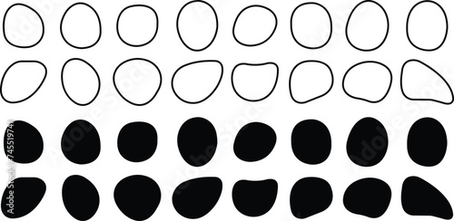 Set of Blob black shapes icons in flat styles editable stock, random abstract stain, bubble silhouette, irregular liquid shapes art spot on transparent background. Circle drop. Graphic round shapes.