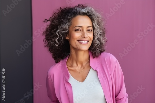 Portrait of a smiling middle-aged woman with curly hair against a pink background