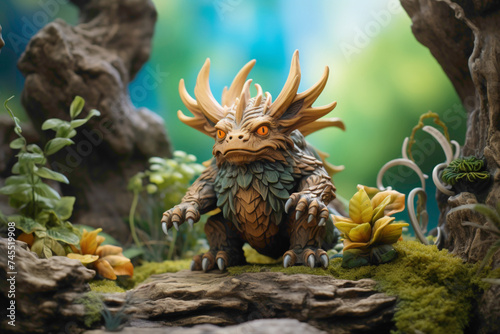 Whimsical 3D-printed fantasy creature toy, surrounded by miniature trees and rocks in a charming play environment © SHAN.