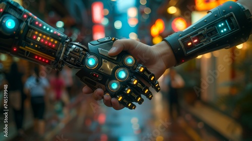 Robot handshake with robot, future business partnership concept