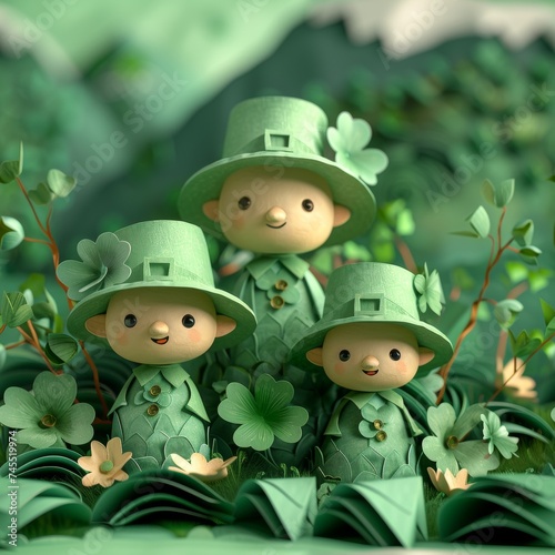 Three leprechauns in the forest paper craft