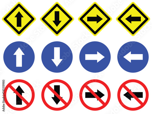 set circle diamond shape right left opposite straight arrow road traffic sign direction icon. highway route collection road flat symbol for web mobile isolated white background illustration.