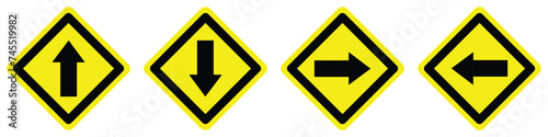 set circle diamond shape right left opposite straight arrow road traffic warning sign direction icon. highway route collection road flat symbol for web mobile isolated white background illustration.
