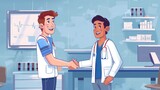 Illustrating professionalism and empathy in healthcare, a smiling doctor greets a patient with a handshake in a sunny clinic atmosphere