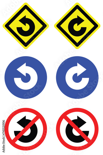 set circle diamond shape right and left degree loop arrow road traffic sign direction icon. highway route collection road flat symbol for web mobile isolated white background illustration.