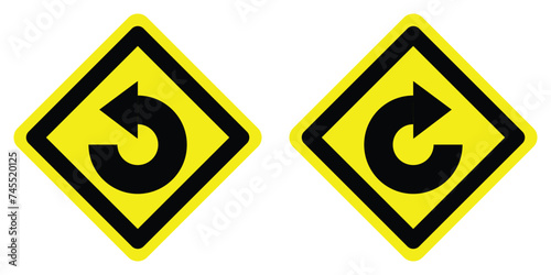 set yellow diamond shape right and left degree loop arrow road traffic warning sign direction icon. highway route collection road flat symbol for web mobile isolated white background illustration.