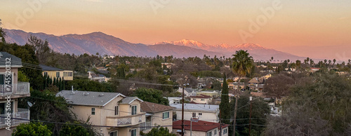 Los Angeles - San Gabriel Mountains and Valley at sunet, snowtop mountainside and landscape photo