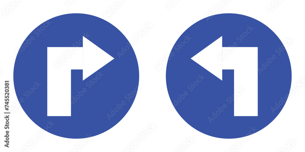set blue circle shape sharp turn right and left arrow road traffic mandatory sign direction icon. highway route collection road flat symbol for web mobile isolated white background illustration. set blue circle shape sharp turn right and left arrow road traffic mandatory sign direction icon. highway route collection road flat symbol for web mobile isolated white background illustration.
