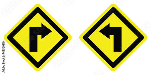 set yellow diamond shape sharp turn right and left arrow road traffic warning sign direction icon. highway route collection road flat symbol for web mobile isolated white background illustration.