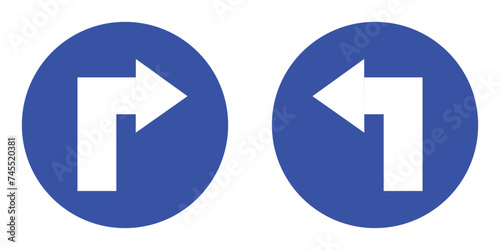 set blue circle shape sharp turn right and left arrow road traffic mandatory sign direction icon. highway route collection road flat symbol for web mobile isolated white background illustration.