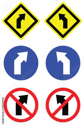 set circle diamond shape curve turn right and left arrow road traffic sign direction icon. highway route collection road flat symbol for web mobile isolated white background illustration.