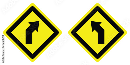 set yellow diamond shape curve turn right and left arrow road traffic warning sign direction icon. highway route collection road flat symbol for web mobile isolated white background illustration.