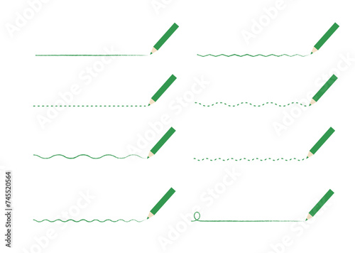 緑の色えんぴつで引いたいろんな線　セット