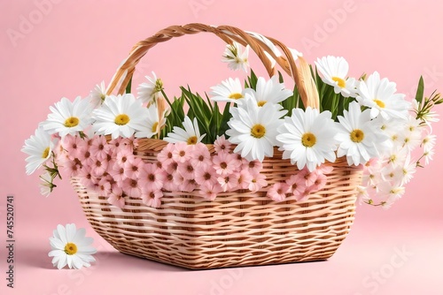 basket with white flowers pink background