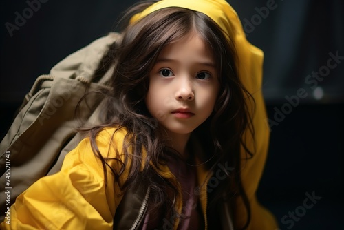 Little girl in yellow raincoat looking at camera. Dark background.