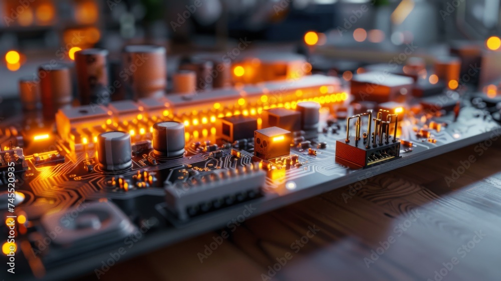 Symbolizing sophisticated computer technology and power, a close-up view captures the advanced red glowing circuitry of a high-tech motherboard, showcasing the intricacies of modern electronics.