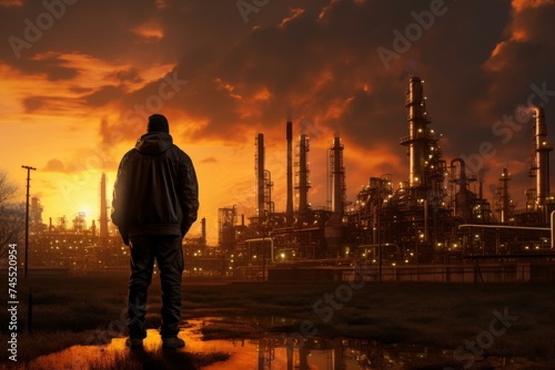 Diligent Petrochemical operator at sunset. Power operator. Fictional person. Generate Ai