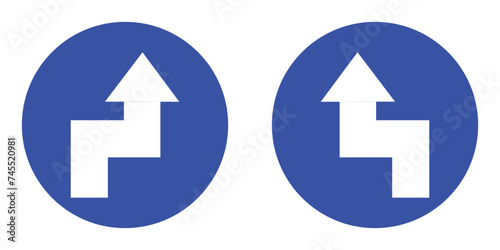 set blue circle shape double sharp turns right and left arrow road traffic mandatory sign direction. highway route collection road flat symbol for web mobile isolated white background illustration.