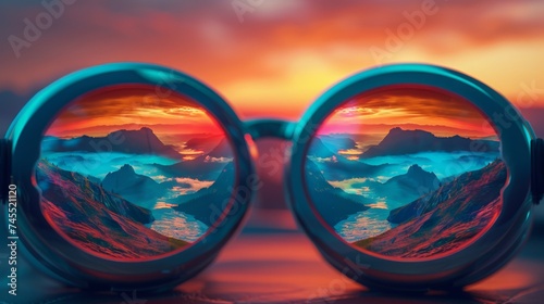 Reflecting a vivid tropical landscape, a pair of sunglasses rests on a surface, inviting the viewer to dream of a vacation paradise and escape to exotic destinations.
