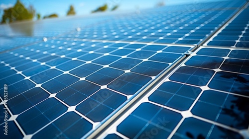 A vast array of blue solar panels stretches towards the horizon, capturing sunlight to generate clean, renewable energy.