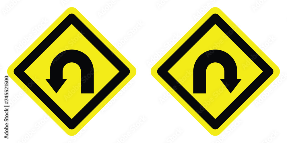 set yellow diamond shape uturns right and left arrow road traffic warning sign direction. highway route collection road flat symbol for web mobile isolated white background illustration. set yellow diamond shape uturns right and left arrow road traffic warning sign direction. highway route collection road flat symbol for web mobile isolated white background illustration.