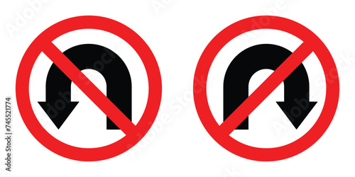 set red circle shape no uturn right left arrow road traffic prohibitory sign direction icon. highway route collection road flat symbol for web mobile isolated white background illustration.