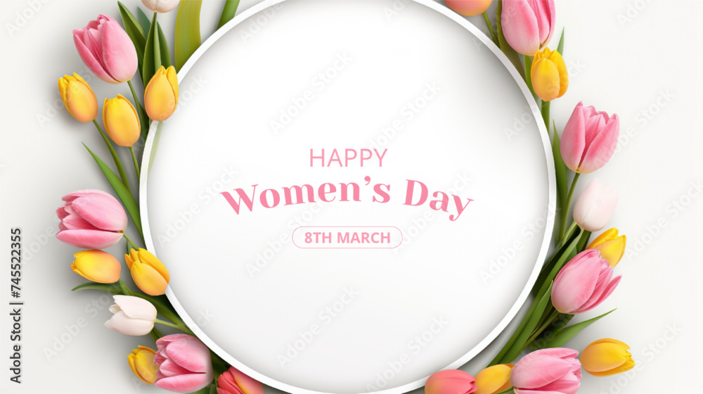 International Women's Day Greeting with tulips flower On Isolated Background
