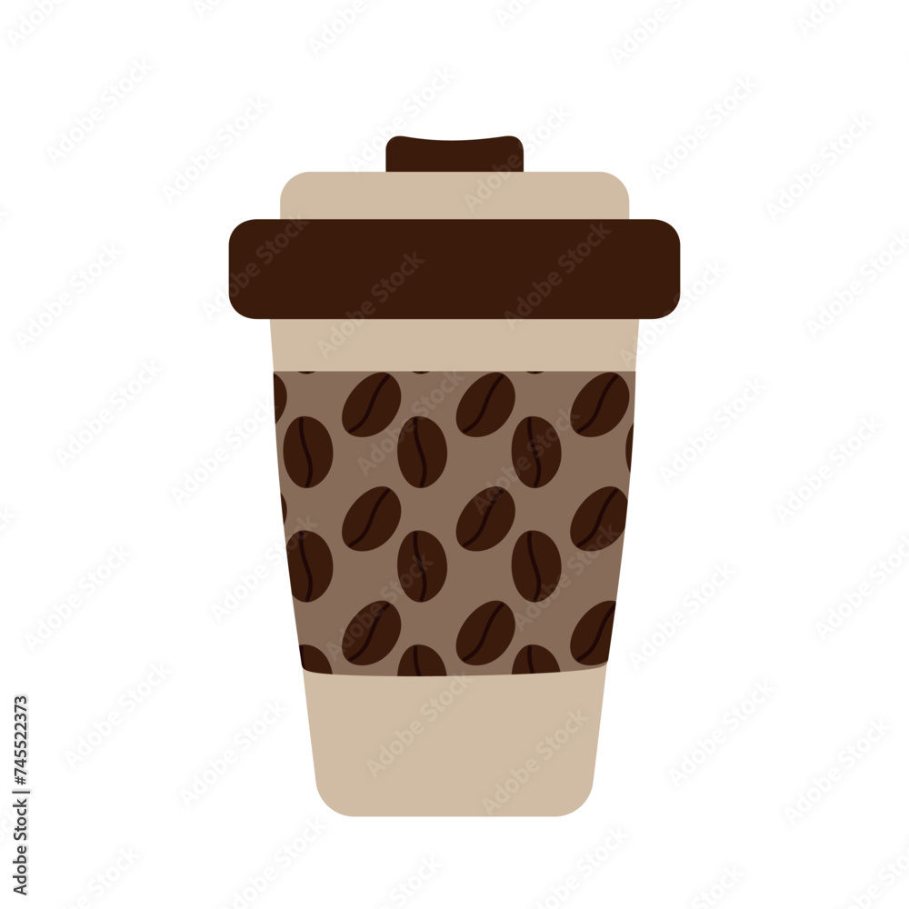 Disposable paper coffee cup with patterned holder in trendy soft coffee shades. Happy Coffee Day Disposable paper coffee cup with patterned holder in trendy soft coffee shades. Happy Coffee Day