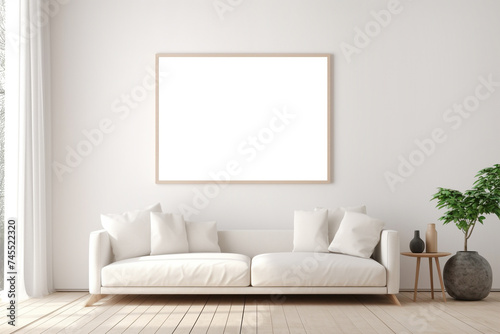 Modern living room interior with sofa and blank picture frame mockup