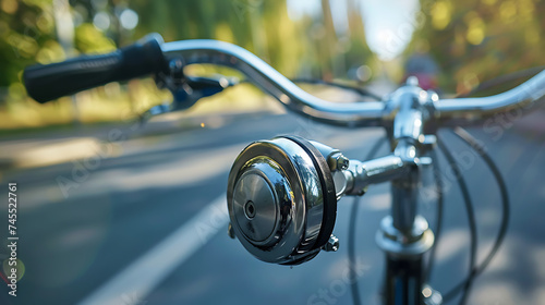 Detalhes de uma campainha de bicicleta em closeup com fundo desfocado da guidão e estrada à frente photo