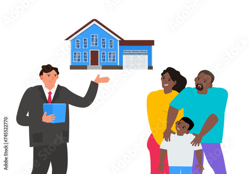 real estate agent shows a house to african american family to buy or rent vector illustration