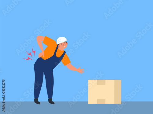 man worker with back pain try to lift a box vector illustration
