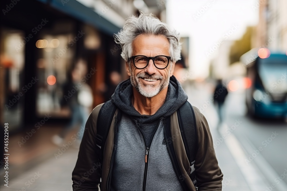 Portrait of handsome senior man with eyeglasses walking in city Portrait of handsome senior man with eyeglasses walking in city
