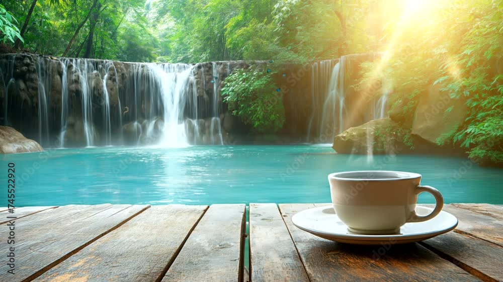 A cup of coffee with waterfall. Seamless looping time-lapse 4k video animation background