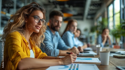 Business team working on a project in the office behind a table or reviewing and discussing a business project. IT workers in the office. Team concept. Work concept. Leaders concept.Business concept