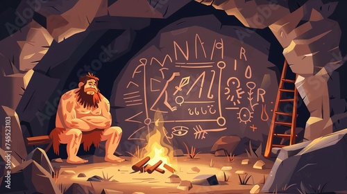 Prehistoric cave with caveman primitive painting on stone walls and fire. Cartoon vector neanderthal tribe dungeon. Aboriginal dwelling in underground rock cavern with ancient drawings and campfire