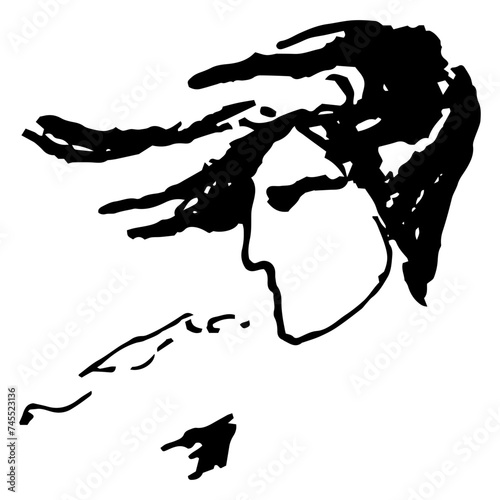 Human head in profile with hai fluttering in the wind. Hand drawn linear doodle rough sketch. Black and white silhouette.