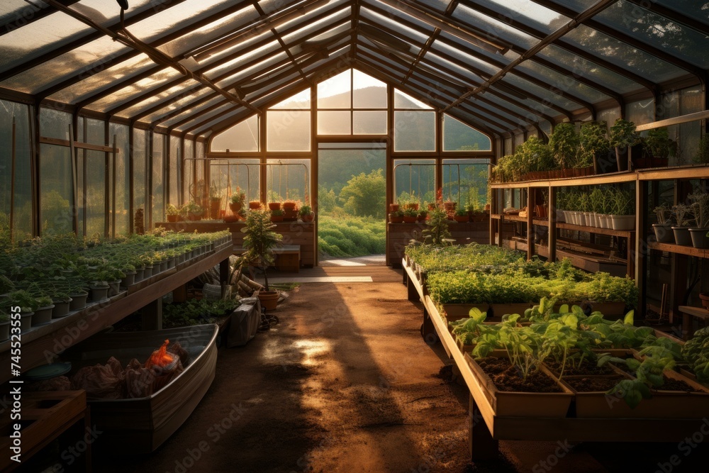 Sustainable Organic farm greenhouse. Agriculture vegetable greenhouse. Generate ai