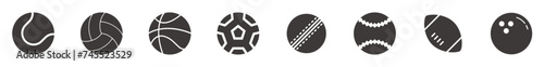 Gray icons of various sports balls isolated on white background, vector illustration.
